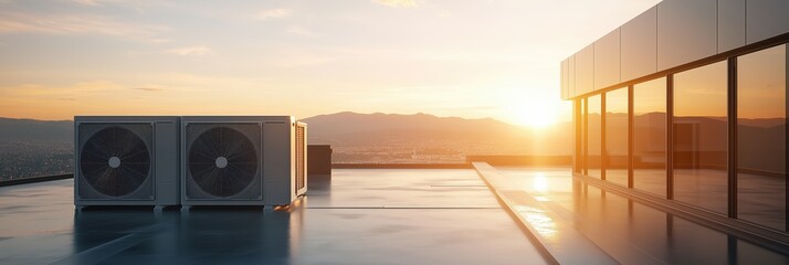 An air conditioning unit on the roof of an industrial building, with the sun shining in the background