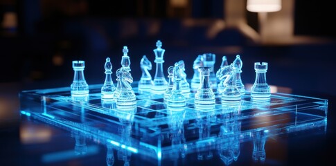A holographic chessboard with translucent chess pieces floating above a glass table, depicting a futuristic strategy game.