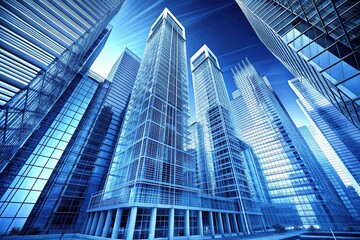 Fototapeta premium Cerulean Construction Plans: Architectural blueprints showcasing towering blue structures, capturing the essence of modern urban landscapes.