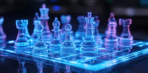 A holographic chessboard with translucent chess pieces floating above a glass table, depicting a futuristic strategy game.