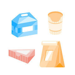Obraz premium Set of different cardboard packaging for food delivery including a box for noodles, a box for cake and a paper bag.
