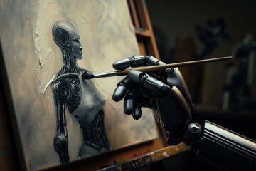 Obraz premium Robot hand holds paintbrush poised to create digital art on canvas. Dark brown background features black and white robot face in dynamic pose. Studio setting with blurred background.