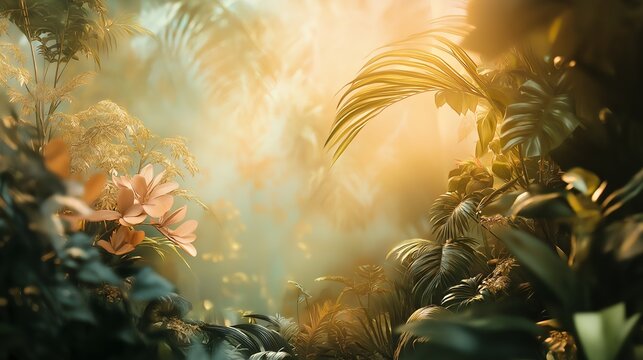 A hazy, sunlit jungle scene with vibrant green foliage and delicate pink flowers peeking through. - Powered by Adobe