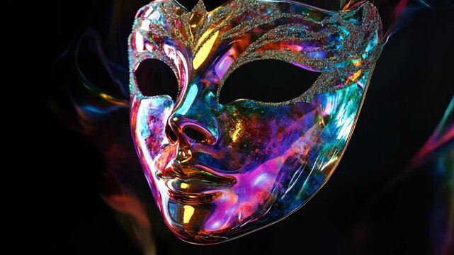 Neon mask with reflective surfaces, symbolizing mystery and futuristic elegance