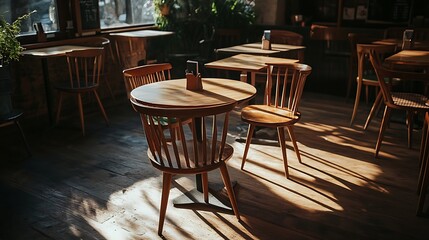 Fototapeta premium Empty wooden chairs and tables bathed in warm sunlight in a cozy coffee shop, casting soft shadows on the floor, with a background of rustic decoration