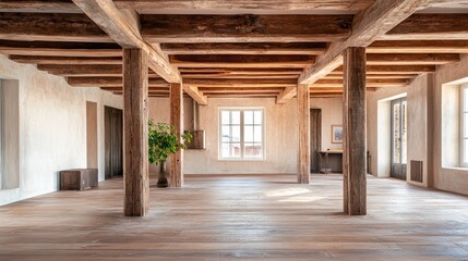 Spacious Interior with Exposed Wooden Beams and Pillars