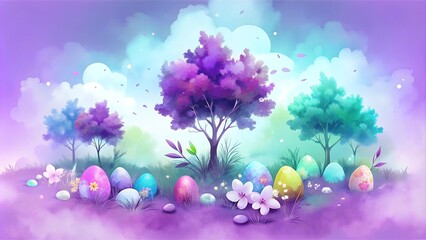 Fototapeta premium Fantasy Easter eggs surrounded by whimsical trees and flowers in a dreamy watercolor landscape 