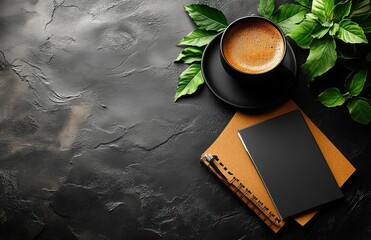 Coffee, Notebook and Greenery on Black Background