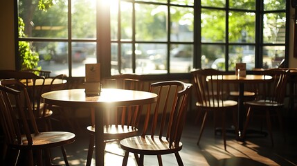 Fototapeta premium coffee shop scene with empty wooden chairs and tables, sunlight streaming through large windows, creating a peaceful and inviting atmosphere