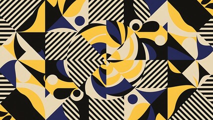 Top view of black, yellow, blue and white abstract geometric background