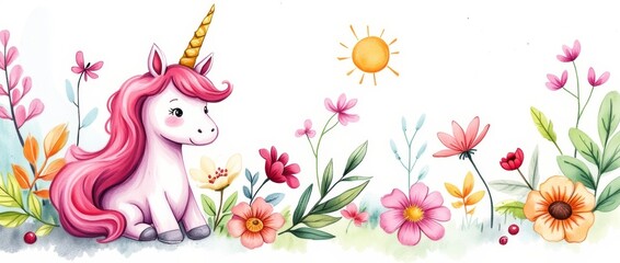 A whimsical illustration of a pink unicorn sitting among colorful flowers with a bright sun overhead. The scene is cheerful and vibrant, capturing a magical and fantasy-like atmosphere.