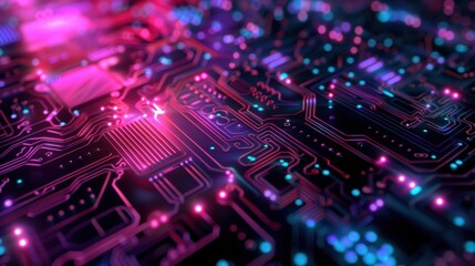 Obraz premium Abstract digital circuitry patterns enhanced with neon accents create a futuristic background that evokes a technological atmosphere.