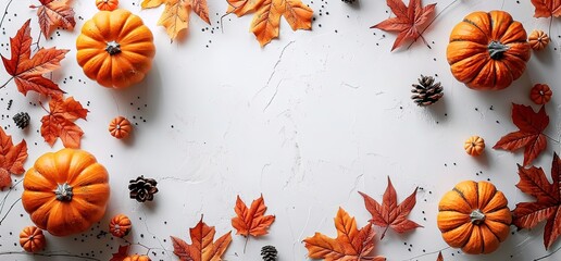 Autumnal background with pumpkins, leaves, and pinecones on a white surface. Perfect for Thanksgiving or fall themed designs.