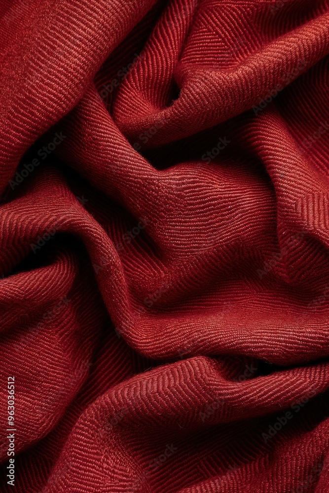 Poster Red fabric texture pattern close-up. Zigzag design adds depth complexity image. Fabric appears caught gentle breeze folded unique perspective. Blurred background focuses intricate details.