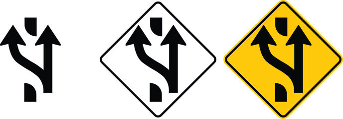 icon Added lane ahead road sign yellow outline traffic warning sign design for yellow background and black and white background