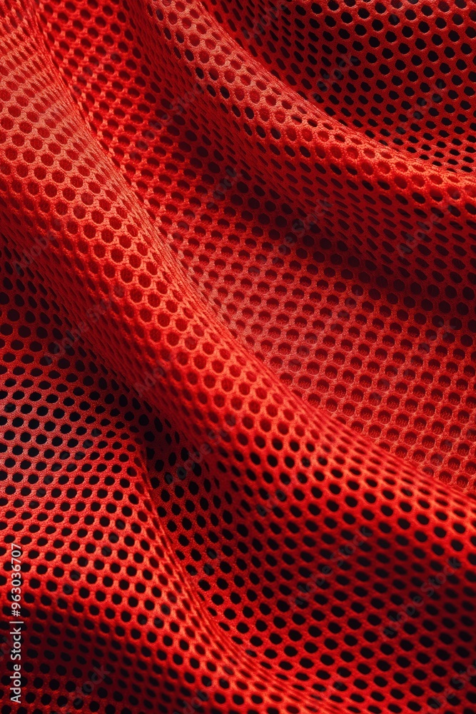 Aufkleber Vibrant red synthetic fabric close-up with unique texture and intricate pattern. Slightly elevated angle captures fabric design. Ideal for sports clothing, football jerseys, abstract backgrounds.