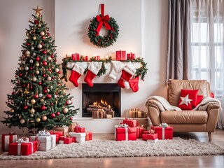 decorated cozy house with nobody indoor. living room ready prepared for coming up christmas and new year. presents and gift boxes under the xmas tree.