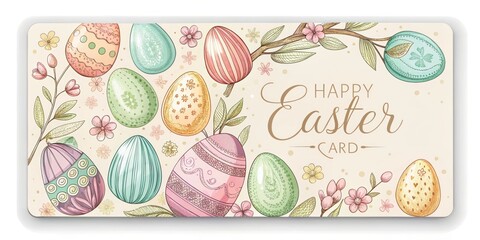 Pastel-colored Easter gift card design with hand-drawn illustrations and ink textures