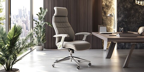 Modern office chair with a sleek design, featuring a comfortable high back, chrome base and arms, in a minimalist office space.