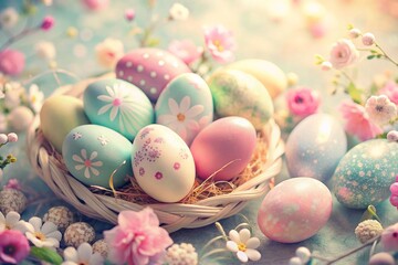 Obraz premium Pastel Easter Eggs Illustrations Whimsical Dreamy Soft Focus Colors Vintage-inspired Illustration