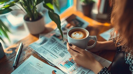 Woman holding a cup of coffee with latte art, working at a table with financial documents.