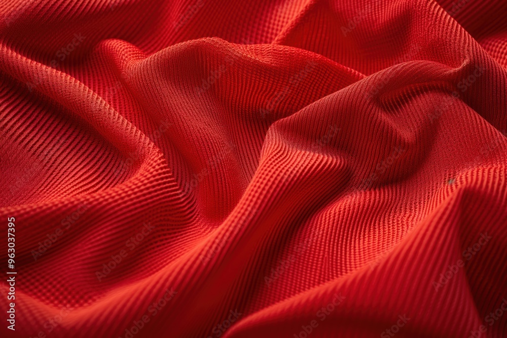 Poster Close-up of vibrant red fabric with criss-cross pattern. Unique texture adds depth and dimension. Slightly wrinkled, emphasizing movement and life. Blurred background highlights intricate details.