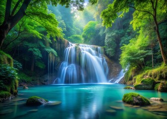 Peaceful Waterfall Scene in stunning High Definition with misty greens and blues hues soothing senses of serenity and tranquility amidst lush surroundings