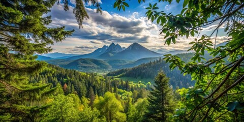 Peek-a-boo mountain views through the foliage of dense forest and rugged terrain