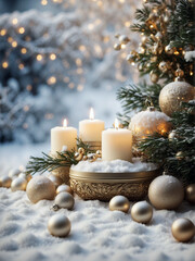 traditional romantic advent christmas winter still life, candles and gold christmas ball standing in snow