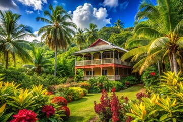 Fototapeta premium plantation house exotic tropical lush vibrant colorful lush vegetation natural paradise idyllic