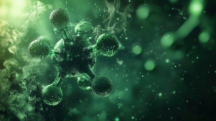 A toxic molecular structure, with dark, corrosive textures and a menacing aura, emitting vapors and highlighted with warning colors, for presentation