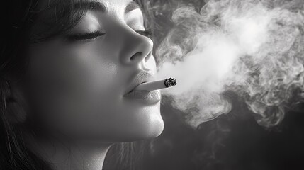 Close up of a woman smoking a cigarette with smoke billowing around her.