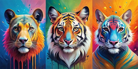 playful illustration poster showcasing realistic animal portraits with bold color contrast and abstract brush strokes for a dynamic style