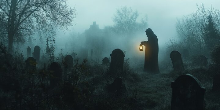 A hooded figure with a lantern in a foggy graveyard.