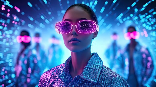Futuristic Fashion Extravaganza: Models Sashay in Metallic Outfits with Holographic Lighting on Digital Runway