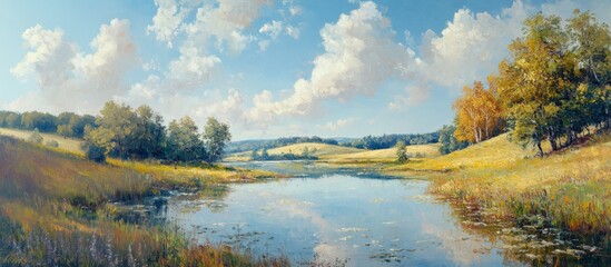 Serene Countryside Landscape with a Tranquil Lake and Lush Greenery under a Bright Blue Sky with Fluffy Clouds