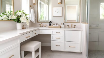 Bathroom with a vanity doubling as a small makeup and jewelry station, elegant and efficient