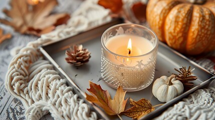 Closeup of a burning candle, white pumpkins, fall leaves, and pinecones in a tray on a knitted throw.