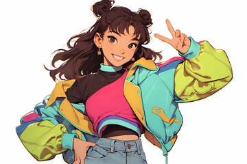 A smiling anime girl with brown hair in twin buns, wearing a colorful jacket and jeans, making a peace sign.