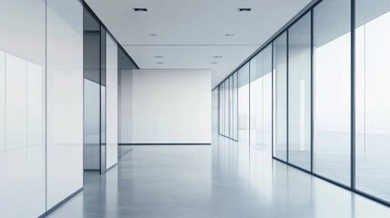 Modern office corridor with glass walls and a white ceiling