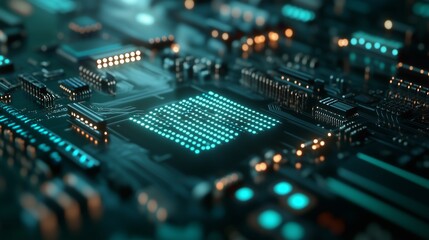macro shot of a sleek electronic circuit with futuristic elements, illuminated by soft blue and green lights, set against a dark metallic background