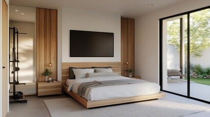 Bedroom with convertible spaces for work, exercise, and relaxation, multi-purpose