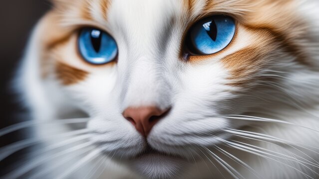 A calico cat with striking blue eyes looks directly at the camera its mixed fur colors and textured grey overlay giving an intense appearance.