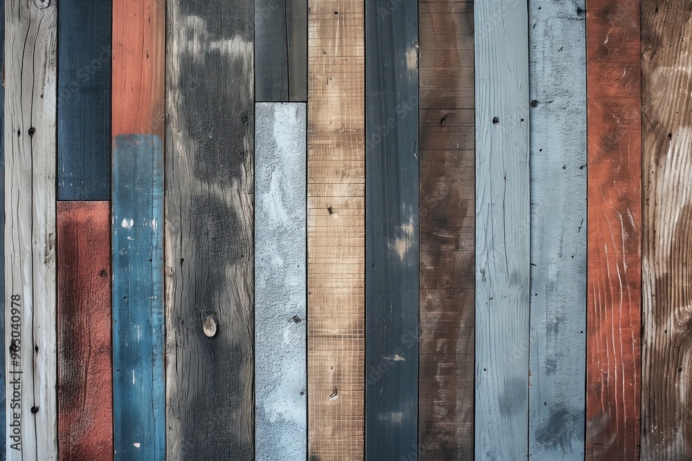 Aufkleber rustic wooden wall texture with red blue brown planks worn weathered. close-up view of wooden struct