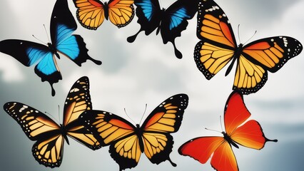 Vibrant yellow and blue butterflies in flight against a gray background.