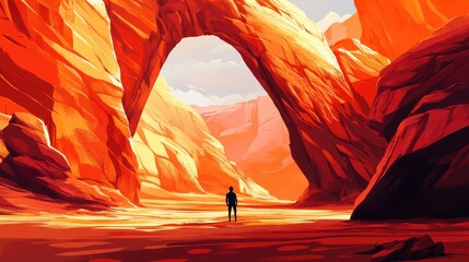 Naklejka premium A Figure Stands Alone in a Red Rock Canyon, Looking Towards the Light