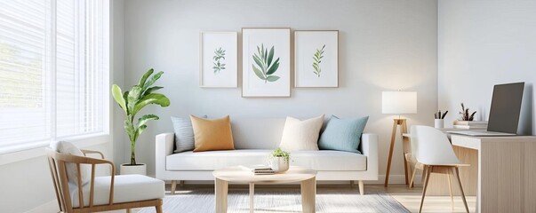 Obraz premium Bright living room with a reading nook, work corner, and relaxation area