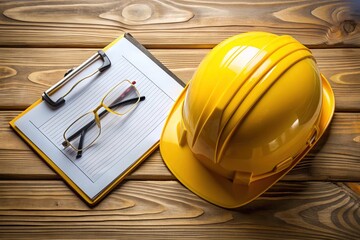 A bright yellow hard hat and safety glasses rest on a wooden desk beside a clipboard with a checklist, highlighting workplace hazard prevention measures.