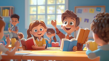 Three cartoon children in a classroom, two sitting at a desk with books and one standing.
