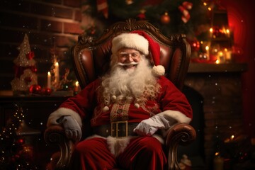 Obraz premium Santa Claus sits joyfully by a cozy fireplace adorned with Christmas decorations in December